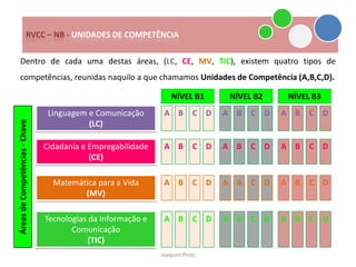 RVCC – NB - UNIDADES DE COMPETÊNCIA

   Dentro de cada uma destas áreas, (LC, CE, MV, TIC), existem quatro tipos de
   competências, reunidas naquilo a que chamamos Unidades de Competência (A,B,C,D).

                                                                 NÍVEL B1       NÍVEL B2    NÍVEL B3
                                 Linguagem e Comunicação       A B       C D   A B   C D   A B   C D
Áreas de Competências - Chave




                                           (LC)

                                Cidadania e Empregabilidade    A B       C D   A B   C D   A B   C D
                                            (CE)

                                  Matemática para a Vida       A B       C D   A B   C D   A B   C D
                                         (MV)

                                Tecnologias da Informação e    A B       C D   A B   C D   A B   C D
                                       Comunicação
                                           (TIC)
                                                              Joaquim Pinto
 