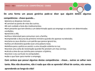 RVCC – NB - EXEMPLOS DE COMPETÊNCIAS - CHAVE


De uma forma um pouco genérica pode-se dizer que alguém detém algumas
competências - chave quando...
 planeia as despesas mensais;
 é sensível ao ponto de vista dos outros;
 lê com cuidado a bula dos medicamentos;
 tem presente que tem direito a um determinado apoio ao emprego se estiver em determinadas
condições;
 preenche o IRS;
 utiliza o telemóvel para comunicar com a família;
 compreende o discurso do primeiro-ministro quando ele aparece na televisão;
 reclama os seus direitos a um patrão que parece ignorá-los;
 utiliza um dicionário quando ouve uma palavra nova;
 telefona para a polícia se assistir a uma situação violenta na rua;
 escreve uma carta de reclamação quando lhe prestam um mau serviço;
 calcula a área da sua cozinha para comprar a tijoleira;
 escreve o seu currículo no computador;
 sabe o que fazer para manter o emprego;
Com certeza que possuí algumas destas competências - chave... outras se calhar nem
tanto. Mas não desanime, não é nada que não se aprenda! Afinal de contas, nós vamos
aprendendo ao longo da vida!
 