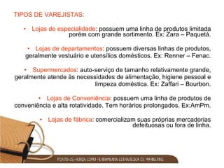 TIPOS DE VAREJISTAS: Lojas de especialidade : possuem uma linha de produtos limitada porém com grande sortimento. Ex: Zara – Paquetá. Lojas de departamentos : possuem diversas linhas de produtos, geralmente vestuário e utensílios domésticos. Ex: Renner – Fenac. Supermercados : auto-serviço de tamanho relativamente grande, geralmente atende às necessidades de alimentação, higiene pessoal e limpeza doméstica. Ex: Zaffari – Bourbon. Lojas de Conveniência : possuem uma linha de produtos de conveniência e alta rotatividade. Tem horários prolongados. Ex:AmPm. Lojas de fábrica : comercializam suas próprias mercadorias defeituosas ou fora de linha. 