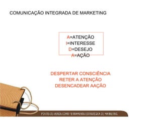 COMUNICAÇÃO INTEGRADA DE MARKETING A =ATENÇÃO I =INTERESSE D =DESEJO A =AÇÃO DESPERTAR CONSCIÊNCIA RETER A ATENÇÃO DESENCADEAR AAÇÃO 