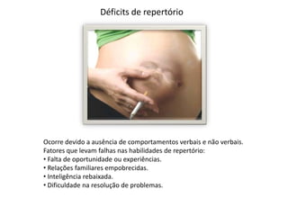 Déficits de repertório Ocorre devido a ausência de comportamentos verbais e não verbais.Fatores que levam falhas nas habilidades de repertório:Falta de oportunidade ou experiências.