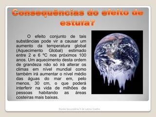 Consequências do efeito de estufa?O efeito conjunto de tais substâncias pode vir a causar um aumento da temperatura global (Aquecimento Global) estimado entre 2 e 6 ºC nos próximos 100 anos. Um aquecimento desta ordem de grandeza não só irá alterar os climas em nível mundial como também irá aumentar o nível médio das águas do mar em, pelo menos, 30 cm, o que poderá interferir na vida de milhões de pessoas habitando as áreas costeiras mais baixas. Escola Secundária/3 de Latino Coelho