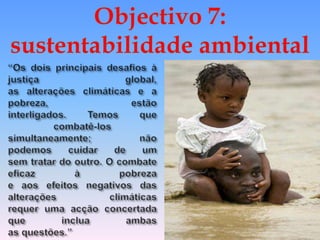 Objectivo 7: sustentabilidade ambiental“Os dois principais desafios à justiça global,as alterações climáticas e a pobreza, estãointerligados. Temos que combatê-lossimultaneamente; não podemos cuidar de umsem tratar do outro. O combate eficaz à pobrezae aos efeitos negativos das alterações climáticasrequer uma acção concertada que inclua ambasas questões.”