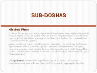 SUB-DOSHAS Alachak Pitta: É a forma do fogo que governa a percepção visual, transforma a imagem óptica em sensação óptica. A expressão física de Alachak Pitta é responsável por gerar impulso visual. Promove a percepção, digestão da luz e a percepção clara da mente e da alma. Está relacionado com as emoções através das lágrimas. Situado nos olhos, a visão é o sentido principal relacionado a este  sub-dosha . Também faz a ligação entre os olhos e as emoções; quando a pessoa vê tudo vermelho ou fica cego de raiva, ou ainda quando lança um olhar furioso, o Alachak pode estar irritado. Em equilíbrio, ele deixa os olhos claros, brilhantes e saudáveis. Um olhar caloroso e satisfeito mostra que o  Pitta  está saudável. Desequilíbrio:  fomenta todos os problemas ligados aos olhos e à visão, como conjuntivite, sensação de ardor nos olhos, fotofobia e confusão na percepção das coisas.   