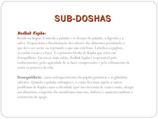 SUB-DOSHAS Bodhak Kapha: Reside na língua. Controla o paladar e os desejos do paladar, a digestão e a saliva. Proporciona a discriminação dos sabores dos alimentos permitindo o que deve ser aceite ou rejeitando o que não está bom. Lubrifica a epiglote, as cordas vocais e a boca. É o primeiro Dosha de Kapha que entra em desequilíbrio. Em níveis mais subtis, Bodhak kapha é responsável pelo conhecimento, pela capacidade de se fazer compreender e pelo refinamento de sentir os prazeres da vida. Desequilíbrio:  causa   enfraquecimento das papilas gustativas e as glândulas salivares. Quando o paladar enfraquece, o corpo fica mais sujeito a outros problemas de Kapha como a obesidade (por isso necessita de comer mais), alergia aos alimentos, congestão das membranas mucosas, diabetes e aumenta também o sentimento de apego. 