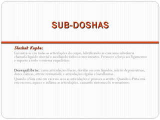 SUB-DOSHAS Slashak Kapha: Encontra-se em todas as articulações do corpo, lubrificando-as com uma substância chamada líquido sinovial e auxiliando todos os movimentos. Promove a força aos ligamentos e suporte a todo o sistema esquelético. Desequilíbrio:  causa articulações fracas, doridas ou com líquidos, artrite degenerativas, dores ciáticas, artrite reumatóide e articulações rígidas e barulhentas.  Quando o Vata está em excesso seca as articulações e provoca a artrite. Quando o Pitta está em excesso, aquece e inflama as articulações, causando sintomas de reumatismo.   