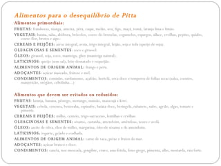 Alimentos para o desequilíbrio de Pitta Alimentos primordiais: FRUTAS :  framboesa, manga, ameixa, pêra, caqui, melão, uva, figo, maçã, romã, laranja lima e limão. VEGETAIS :  batata, salsa, abóbora, brócolos, couve-de-bruxelas, cogumelos, espargos, alface, ervilhas, pepino, quiabo, couve-flor, brotos e aipo. CEREAIS E FEIJÕES:   arroz integral, aveia, trigo integral, feijão, soja e tofu (queijo de soja). OLEAGINOSAS E SEMENTES :  coco e girassol. ÓLEOS:   girassol, soja, coco, manteiga, ghee (manteiga natural).  LATICINIOS :  queijo (sem sal), leite desnatado e requeijão.  ALIMENTOS DE ORIGEM ANIMAL:   frango e peru.  ADOÇANTES :  açúcar mascado, frutose e mel. CONDIMENTOS :  cominho, cardamomo, açafrão, hortelã, erva-doce e temperos de folhas secas (salsa, coentro, manjericão, orégãos, cebolinha...)  Alimentos que devem ser evitados ou reduzidos: FRUTAS :  laranja, banana, pêssego, morango, mamão, maracujá e kiwi. VEGETAIS :  cebola, cenoura, beterraba, espinafre, batata-doce, beringela, rabanete, nabo, agrião, algas, tomate e pimenta. CEREAIS E FEIJÕES:   milho, centeio, trigo-sarraceno, lentilhas e ervilhas. OLEAGINOSAS E SEMENTES:   sésamo, castanha, amendoim, amêndoas, nozes e avelã. ÓLEOS:   azeite de oliva, óleo de milho, margarina, óleo de sésamo e de amendoim. LATICINIOS:   iogurte, gelado e coalhada. ALIMENTOS DE ORIGEM ANIMAL:   carne de vaca, peixe e frutos do mar. ADOÇANTES:   açúcar branco e doce. CONDIMENTOS:   canela, noz-moscada, gengibre, cravo, assa-fétida, feno-grego, pimenta, alho, mostarda, raiz forte. 