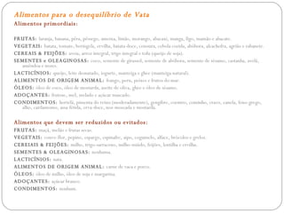 Alimentos para o desequilíbrio de Vata Alimentos primordiais: FRUTAS:  laranja, banana, pêra, pêssego, ameixa, limão, morango, abacaxi, manga, figo, mamão e abacate. VEGETAIS:  batata, tomate, beringela, ervilha, batata-doce, cenoura, cebola cozida, abóbora, alcachofra, agrião e rabanete. CEREAIS & FEIJÕES:  aveia, arroz integral, trigo integral e tofu (queijo de soja). SEMENTES e OLEAGINOSAS:  coco, semente de girassol, semente de abóbora, semente de sésamo, castanha, avelã, amêndoa e nozes. LACTICÍNIOS:  queijo, leite desnatado, iogurte, manteiga e ghee (manteiga natural). ALIMENTOS DE ORIGEM ANIMAL:  frango, peru, peixes e frutos do mar. ÓLEOS:  óleo de coco, óleo de mostarda, azeite de oliva, ghee e óleo de sésamo. ADOÇANTES:  frutose, mel, melado e açúcar mascado. CONDIMENTOS:  hortelã, pimenta do reino (moderadamente), gengibre, coentro, cominho, cravo, canela, feno-grego, alho, cardamomo, assa-fétida, erva-doce, noz-moscada e mostarda. Alimentos que devem ser reduzidos ou evitados: FRUTAS:  maçã, melão e frutas secas. VEGETAIS:  couve-flor, pepino, espargo, espinafre, aipo, cogumelo, alface, brócolos e grelos. CEREIAIS & FEIJÕES:  milho, trigo-sarraceno, milho-miúdo, feijões, lentilha e ervilha. SEMENTES & OLEAGINOSAS:  nenhuma. LACTICÍNIOS:  nata. ALIMENTOS DE ORIGEM ANIMAL:  carne de vaca e porco. ÓLEOS:  óleo de milho, óleo de soja e margarina. ADOÇANTES:  açúcar branco. CONDIMENTOS:  nenhum. 