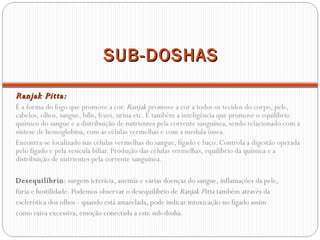 SUB-DOSHAS Ranjak Pitta: É a forma do fogo que promove a cor.  Ranjak  promove a cor a todos os tecidos do corpo, pele, cabelos, olhos, sangue, bílis, fezes, urina etc. É também a inteligência que promove o equilíbrio químico do sangue e a distribuição de nutrientes pela corrente sanguínea, sendo relacionado com a síntese de hemoglobina, com as células vermelhas e com a medula óssea.  Encontra-se localizado nas células vermelhas do sangue, fígado e baço. Controla a digestão operada pelo fígado e pela vesícula biliar. Produção das células vermelhas, equilíbrio da química e a distribuição de nutrientes pela corrente sanguínea. Desequilíbrio :  surgem icterícia, anemia e várias doenças do sangue, inflamações da pele, fúria e hostilidade.   Podemos observar o desequilíbrio de  Ranjak Pitta  também através da esclerótica dos olhos - quando está amarelada, pode indicar intoxicação no fígado assim como raiva excessiva, emoção conectada a este sub-dosha. 