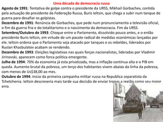 Uma década de democracia russaAgosto de 1991: Tentativa de golpe contra o presidente da URSS, Mikhail Gorbachev, contida pela actuação do presidente da Federação Russa, Buris Ieltsin, que chega a subir num tanque de guerra para desafiar os golpistas. Dezembro de 1991: Renúncia de Gorbachev, que pede num pronunciamento a televisão oficial, o fim da guerra fria e do totalitarismo e o nascimento da democracia. Fim da URSS. Setembro/Outubro de 1993: Choque entre o Parlamento, dissolvido pouco antes, e o então presidente Buris Ieltsin, em virtude de um pacote radical de medidas económicas lançadas por ele. Ieltsin ordena que o Parlamento seja atacado por tanques e os rebeldes, liderados por Ruslan Khasbulatov acabam se rendendo. Dezembro de 1993: Eleições legislativas nas quais forças nacionalistas, lideradas por Vladimir Jirinovski, aparecem como forca politica emergente. Julho de 1994: 70% da economia já esta privatizada, mas a inflação continua alta e o PIB em queda. Aumento brutal da pobreza, um terço dos habitantes vivem abaixo da linha da pobreza, com menos de Us$38,00 ao mes. Outubro de 1994: Inicio da primeira campanha militar russa na Republica separatista da Tchetchenia. Ieltsin descreveria mais tarde sua decisão de enviar tropas a região como seu maior erro. 