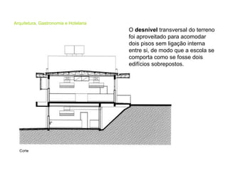 Arquitetura, Gastronomia e Hotelaria O  desnível  transversal do terreno foi aproveitado para acomodar dois pisos sem ligação interna entre si, de modo que a escola se comporta como se fosse dois edifícios sobrepostos.  