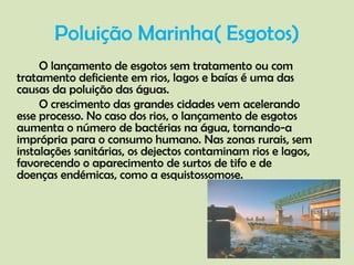 Poluição Marinha( Esgotos) 		O lançamento de esgotos sem tratamento ou com tratamento deficiente em rios, lagos e baías é uma das causas da poluição das águas. 		O crescimento das grandes cidades vem acelerando esse processo. No caso dos rios, o lançamento de esgotos aumenta o número de bactérias na água, tornando-a imprópria para o consumo humano. Nas zonas rurais, sem instalações sanitárias, os dejectos contaminam rios e lagos, favorecendo o aparecimento de surtos de tifo e de doenças endémicas, como a esquistossomose.  