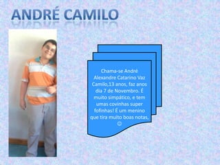 André camiloChama-se André Alexandre Catarino Vaz Camilo,13 anos, faz anos dia 7 de Novembro. É muito simpático, e tem umas covinhas super fofinhas! É um menino que tira muito boas notas,  