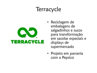 Terracycle

    • Reciclagem de
      embalagens de
      salgadinhos e sucos
      para transformação
      em sacolas especiais e
      displays de
      supermercado
    • Projeto em parceria
      com a Pepsico
 