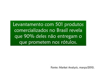 Levantamento com 501 produtos
 comercializados no Brasil revela
 que 90% deles não entregam o
   que prometem nos rótulos.



                 Fonte: Market Analysis, março/2010.
 