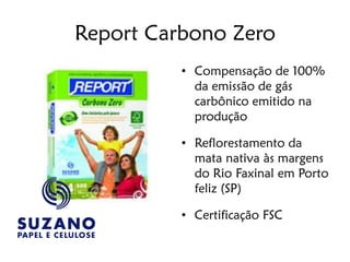Report Carbono Zero
          • Compensação de 100%
            da emissão de gás
            carbônico emitido na
            produção

          • Reflorestamento da
            mata nativa às margens
            do Rio Faxinal em Porto
            feliz (SP)

          • Certificação FSC
 