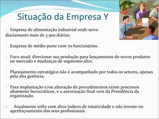 Situação da Empresa Y Empresa de alimentação industrial onde serve  diariamente mais de 3.500 diárias. Empresa de médio porte com 70 funcionários. Foco atual: direcionar sua produção para lançamentos de novos produtos no mercado e mudanças de segmento-alvo. Planejamento estratégico não é acompanhado por todos os setores, apenas pela alta gerência. Para implantação e/ou alteração de procedimentos existe processos altamente burocráticos, e a autorização final vem da Presidência da organização. -  Atualmente sofre com altos índices de rotatividade e não investe no aperfeiçoamento dos seus profissionais. 