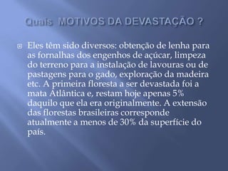 Quais  MOTIVOS DA DEVASTAÇÃO ?Eles têm sido diversos: obtenção de lenha para as fornalhas dos engenhos de açúcar, limpeza do terreno para a instalação de lavouras ou de pastagens para o gado, exploração da madeira etc. A primeira floresta a ser devastada foi a mata Atlântica e, restam hoje apenas 5% daquilo que ela era originalmente. A extensão das florestas brasileiras corresponde atualmente a menos de 30% da superfície do país. 
