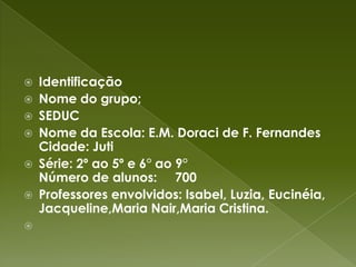 Identificação Nome do grupo;SEDUCNome da Escola: E.M.Doraci de F. Fernandes                                          Cidade: JutiSérie: 2º ao 5º e 6° ao 9°                                                                  Número de alunos:     700Professores envolvidos: Isabel, Luzia, Eucinéia, Jacqueline,Maria Nair,Maria Cristina. 