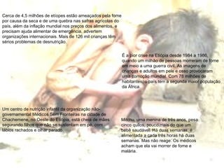 Cerca de 4,5 milhões de etíopes estão ameaçados pela fome por causa da seca e de uma quebra nas safras agrícolas do país, além da inflação mundial nos preços dos alimentos, e precisam ajuda alimentar de emergência, advertem organizações internacionais. Mais de 126 mil crianças têm sérios problemas de desnutrição.  É a pior crise na Etiópia desde 1984 a 1986, quando um milhão de pessoas morreram de fome em meio a uma guerra civil. As imagens de crianças e adultos em pele e osso provocaram uma comoção mundial. Com 78 milhões de habitantes, o país tem a segunda maior população da África. Um centro de nutrição infantil da organização não-governamental Médicos Sem Fronteiras na cidade de Chachemene, no Oeste do Etiópia, está cheia de mães segurando filhos que não se sustentam em pé, com lábios rachados e olhar parado.  Mitchu, uma menina de três anos, pesa cinco quilos, pouco mais do que um bebê saudável. Há duas semanas, é alimentada a cada três horas há duas semanas. Mas não reage. Os médicos acham que ela vai morrer de fome e malária.  