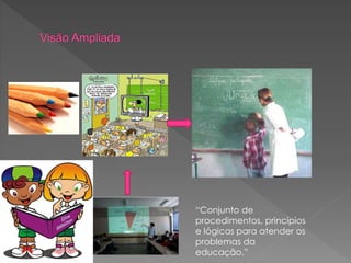 “Conjunto de
procedimentos, princípios
e lógicas para atender os
problemas da
educação.”
 
