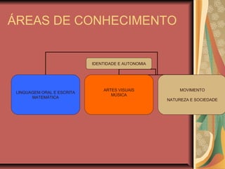 ÁREAS DE CONHECIMENTO
IDENTIDADE E AUTONOMIA
LINGUAGEM ORAL E ESCRITA
MATEMÁTICA
ARTES VISUAIS
MÚSICA
MOVIMENTO
NATUREZA E SOCIEDADE
 
