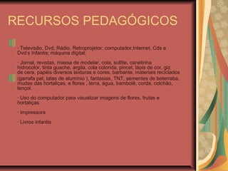 RECURSOS PEDAGÓGICOS
· Televisão, Dvd, Rádio, Retroprojetor, computador,Internet, Cds e
Dvd’s Infantis; máquina digital;
· Jornal, revistas, massa de modelar, cola, sulfite, canetinha
hidrocolor, tinta guache, argila, cola colorida, pincel, lápis de cor, giz
de cera, papéis diversos texturas e cores, barbante, materiais reciclados
(garrafa pet, latas de alumínio ), fantasias, TNT, sementes de beterraba,
mudas das hortaliças, e flores , terra, água, bambolê, corda, colchão,
lençol.
· Uso do computador para visualizar imagens de flores, frutas e
hortaliças.
· Impressora
· Livros infantis
 