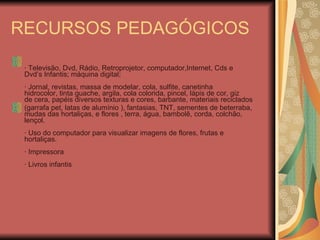 RECURSOS PEDAGÓGICOS   · Televisão, Dvd, Rádio, Retroprojetor, computador,Internet, Cds e Dvd’s Infantis; máquina digital;   · Jornal, revistas, massa de modelar, cola, sulfite, canetinha hidrocolor, tinta guache, argila, cola colorida, pincel, lápis de cor, giz de cera, papéis diversos texturas e cores, barbante, materiais reciclados (garrafa pet, latas de alumínio ), fantasias, TNT, sementes de beterraba, mudas das hortaliças, e flores , terra, água, bambolê, corda, colchão, lençol.   · Uso do computador para visualizar imagens de flores, frutas e hortaliças.   · Impressora   · Livros infantis     