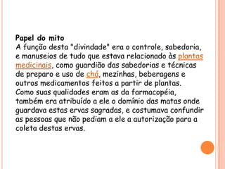 Papel do mitoA função desta "divindade" era o controle, sabedoria, e manuseios de tudo que estava relacionado às plantas medicinais, como guardião das sabedorias e técnicas de preparo e uso de chá, mezinhas, beberagens e outros medicamentos feitos a partir de plantas.Como suas qualidades eram as da farmacopéia, também era atribuído a ele o domínio das matas onde guardava estas ervas sagradas, e costumava confundir as pessoas que não pediam a ele a autorização para a coleta destas ervas.