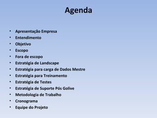 Agenda Apresentação Empresa Entendimento Objetivo Escopo Fora de escopo Estratégia de Landscape  Estratégia para carga de Dados Mestre Estratégia para Treinamento Estratégia de Testes Estratégia de Suporte Pós Golive  Metodologia de Trabalho Cronograma Equipe do Projeto 