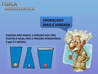 FÍSICAHIDROSTÁTICAENGRAÇADO MAIS É VERDADEEMBORA NÃO PARECE A PRESSÃO NOS TRÊS PONTOS É IGUAL POIS A PRESSÃO ATMOSFÉRICA E pgh É A MESMAABC
