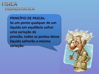 FÍSICAHIDROSTÁTICAPRINCÍPIO DE PASCAL-Se um ponto qualquer de um líquido em equilíbrio sofrer uma variação de pressão, todos os pontos desse líquido sofrerão a mesma variação.
