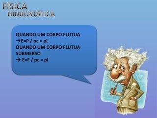 FÍSICAHIDROSTÁTICAQUANDO UM CORPO FLUTUA E=P / pc < pLQUANDO UM CORPO FLUTUA SUBMERSO  E=F / pc = pl