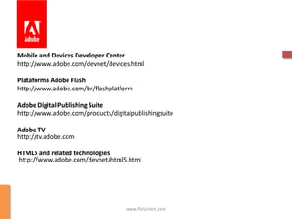 Mobile and Devices Developer Center
http://www.adobe.com/devnet/devices.html

Plataforma Adobe Flash
http://www.adobe.com/br/flashplatform

Adobe Digital Publishing Suite
http://www.adobe.com/products/digitalpublishingsuite

Adobe TV
http://tv.adobe.com

HTML5 and related technologies
http://www.adobe.com/devnet/html5.html




                                    www.flatschart.com
 