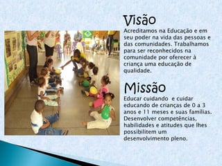 Visão Acreditamos na Educação e em seu poder na vida das pessoas e das comunidades. Trabalhamos para ser reconhecidos na comunidade por oferecer à criança uma educação de qualidade. Missão Educar cuidando  e cuidar educando de crianças de 0 a 3 anos e 11 meses e suas famílias. Desenvolver competências, habilidades e atitudes que lhes possibilitem um desenvolvimento pleno. 