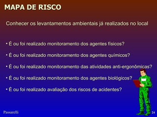 Conhecer os levantamentos ambientais já realizados no local É ou foi realizado monitoramento dos agentes físicos? É ou foi realizado monitoramento dos agentes químicos? É ou foi realizado monitoramento das atividades anti-ergonômicas? É ou foi realizado monitoramento dos agentes biológicos? É ou foi realizado avaliação dos riscos de acidentes? 
