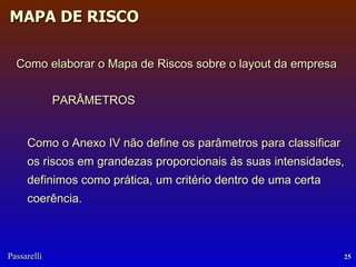Como elaborar o Mapa de Riscos sobre o layout da empresa  PARÂMETROS Como o Anexo IV não define os parâmetros para classificar os riscos em grandezas proporcionais às suas intensidades, definimos como prática, um critério dentro de uma certa coerência. 