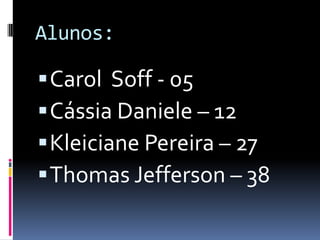 Alunos:Carol  Soff - 05Cássia Daniele – 12Kleiciane Pereira – 27Thomas Jefferson – 38