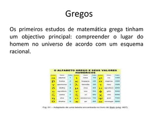 GregosOs primeiros estudos de matemática grega tinham um objectivo principal: compreender o lugar do homem no universo de acordo com um esquema racional.