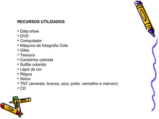 RECURSOS UTILIZADOS Data show DVD Computador Máquina de fotografia Cola Gibis Tesoura Canetinha colorida Sulfite colorido Lápis de cor  Régua  Xérox  TNT (amarelo, branco, azul, preto, vermelho e marrom) CD 