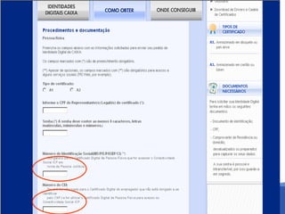 FGTS – CONECTIVIDADE SOCIAL – ICP- O certificado digital pode ser :Pessoa Jurídica (e-CNPJ) = CNPJ Pessoa Física (e-CPF) = CPF  e/ou CEI Os certificados que contiverem CEI em seu cadastro serão equiparados a certificado de PJ no Conectividade Social.