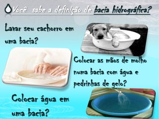 Você  sabe a definição de bacia hidrográfica?Lavar seu cachorro em uma bacia?Colocar as mãos de molho numa bacia com água e pedrinhas de gelo?Colocar água em uma bacia?