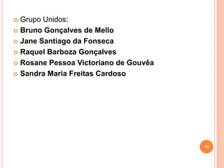  Grupo Unidos:
 Bruno Gonçalves de Mello

 Jane Santiago da Fonseca

 Raquel Barboza Gonçalves

 Rosane Pessoa Victoriano de Gouvêa

 Sandra Maria Freitas Cardoso




                                       14
 
