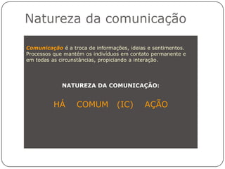 Natureza da comunicação

Comunicação é a troca de informações, ideias e sentimentos.
Processos que mantém os indivíduos em contato permanente e
em todas as circunstâncias, propiciando a interação.




             NATUREZA DA COMUNICAÇÃO:


          HÁ      COMUM          (IC)      AÇÃO
 