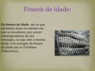Fósseis de idade:

Os fósseis de idade são os que
permitem datar os estratos em
que se encontram, por serem
contemporâneos da sua
formação, ou seja, têm a mesma
idade. Um exemplo de fósseis
de idade são as Trilobites
(Paleozóico).



                                   4
 