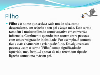 Filho
 Filho é o nome que se dá a cada um de nós, como
  descendente, em relação a seu pai e à sua mãe. Esse termo
  também é muito utilizado como vocativo em conversas
  informais. Geralmente quando esta ocorre entre pessoas
  com um certo grau de intimidade. Por exemplo, é comum
  tias e avós chamarem a criança de filho. Em alguns casos
  pessoas usam o termo "Filho" com o significado de
  (querido, meu bem ...) apesar de não terem um tipo de
  ligação como uma mãe ou pai.
 