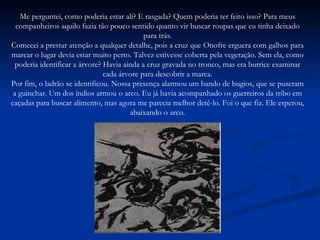 Me perguntei, como poderia estar ali? E rasgada? Quem poderia ter feito isso? Para meus companheiros aquilo fazia tão pouco sentido quanto vir buscar roupas que eu tinha deixado para trás. Comecei a prestar atenção a qualquer detalhe, pois a cruz que Onofre erguera com galhos para marcar o lugar devia estar muito perto. Talvez estivesse coberta pela vegetação. Sem ela, como poderia identificar a árvore? Havia ainda a cruz gravada no tronco, mas era burrice examinar cada árvore para descobrir a marca. Por fim, o ladrão se identificou. Nossa presença alarmou um bando de bugios, que se puseram a guinchar. Um dos índios armou o arco. Eu já havia acompanhado os guerreiros da tribo em caçadas para buscar alimento, mas agora me parecia melhor detê-lo. Foi o que fiz. Ele esperou, abaixando o arco. 