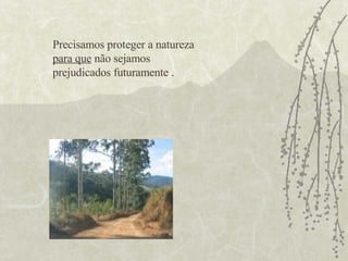 Precisamos proteger a natureza  para que  não sejamos prejudicados futuramente . 