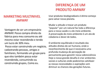 DIFERENÇA DE UM
                                             PRODUTO AMWAY
MARKETING MULTINIVEL                   Usar produtos biodegradáveis é ótimo começo
                                       para salvar nosso planeta.
      AMWAY
                                       Mudar a atitude e trocar um produto
                                       “popular” por um natural faz toda a diferença
Vantagem de ser um empresário          para a nossa saúde e a do meio ambiente.
AMWAY. Posso compra direto da          A preservação do meio ambiente é um ato de
fabrica para meu consumo ou até        cidadania e dever de todos.
mesmo estar revendendo e tendo
um lucro de 30% meu.                   O ambiente equilibrado é resultado das
 Posso estar construindo um negócio,   atitudes diretas do ser humano, onde o
cadastrando pessoas, amigos e          reconhecimento de que é necessária uma
                                       profunda mudança de percepção de
familiares, formando um grupo para
                                       pensamento para garantir nossa sobrevivência
que eles também possa estar
                                       Hoje o nosso grande desafio é criar ambientes
revendendo, consumindo ou              sociais e culturais onde poderemos satisfazer
construindo grupos, Como eu.           as nossas necessidades e aspirações sem
                                       diminuir as chances das gerações futuras.
 