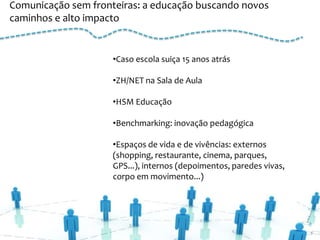 Comunicação sem fronteiras: a educação buscando novos
caminhos e alto impacto


                     •Caso escola suiça 15 anos atrás

                     •ZH/NET na Sala de Aula

                     •HSM Educação

                     •Benchmarking: inovação pedagógica

                     •Espaços de vida e de vivências: externos
                     (shopping, restaurante, cinema, parques,
                     GPS...), internos (depoimentos, paredes vivas,
                     corpo em movimento...)
 